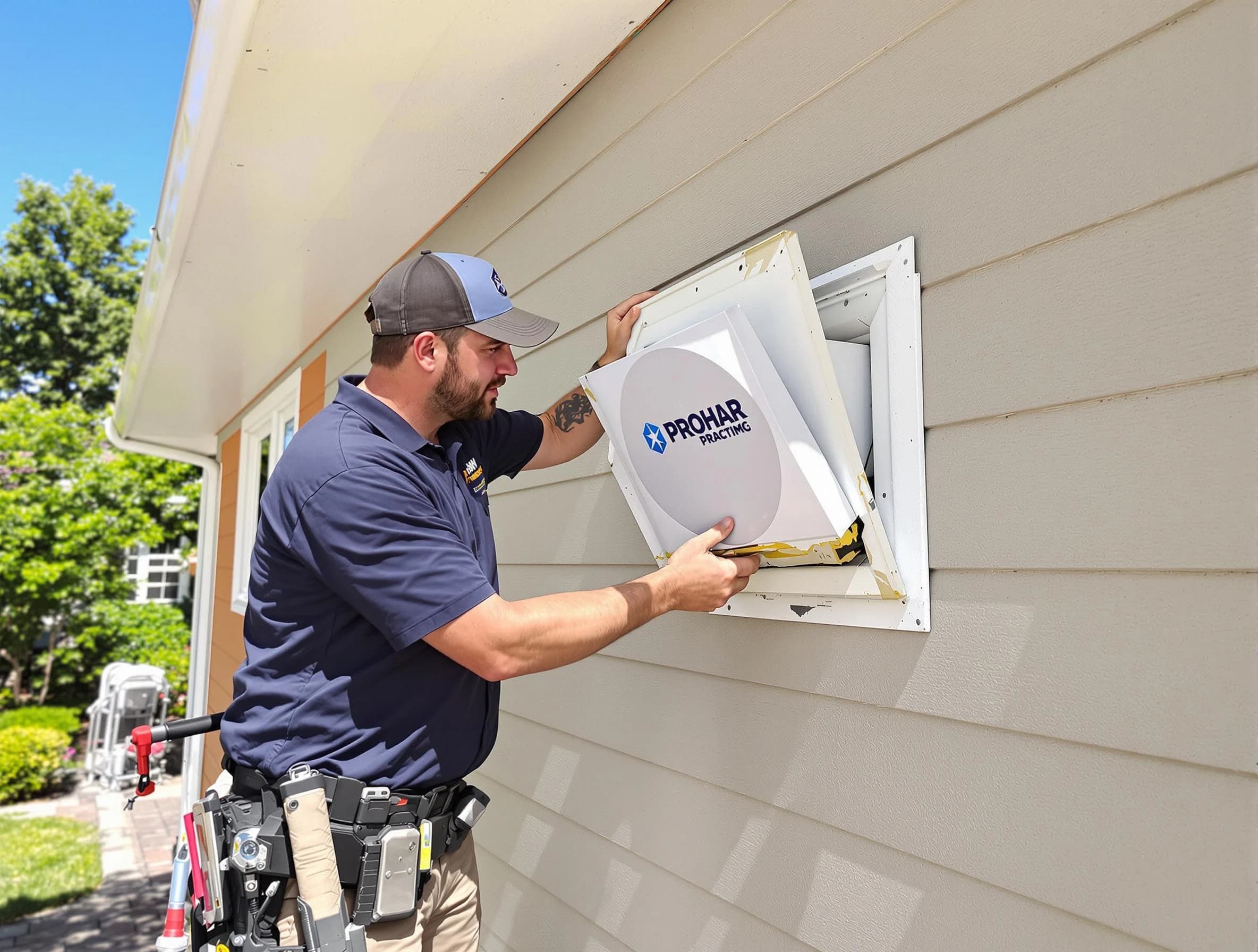 Layton Dryer Vent Cleaning technician installing a new protective dryer vent cover on a home in Layton
