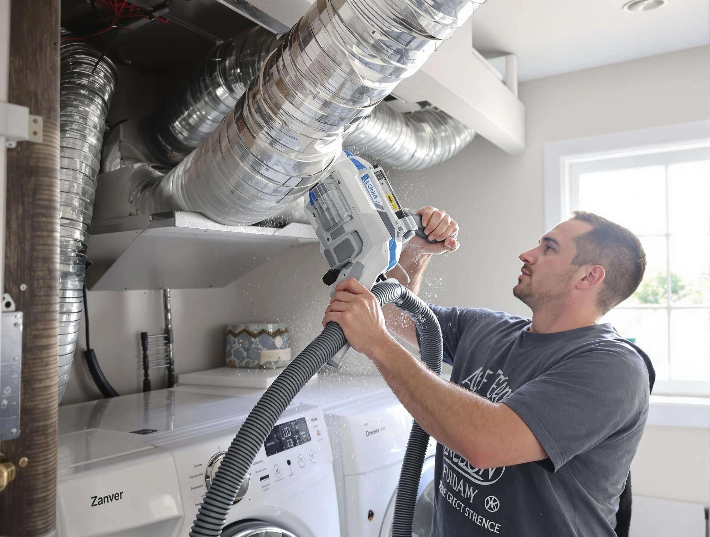 Layton Dryer Vent Cleaning specialist cleaning deep within a dryer vent duct system in Layton