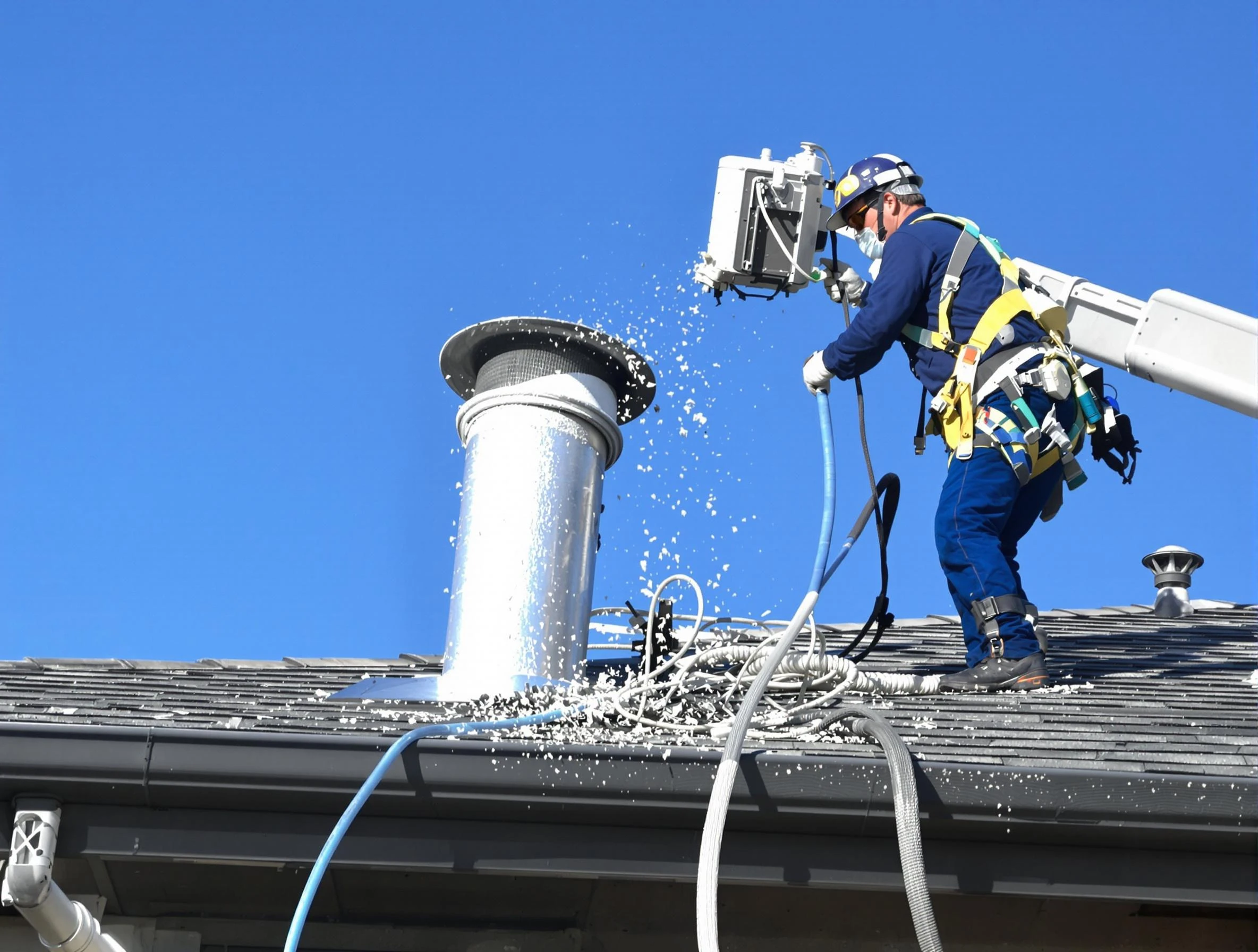 Layton Dryer Vent Cleaning certified technician safely cleaning a roof-mounted dryer vent in Layton