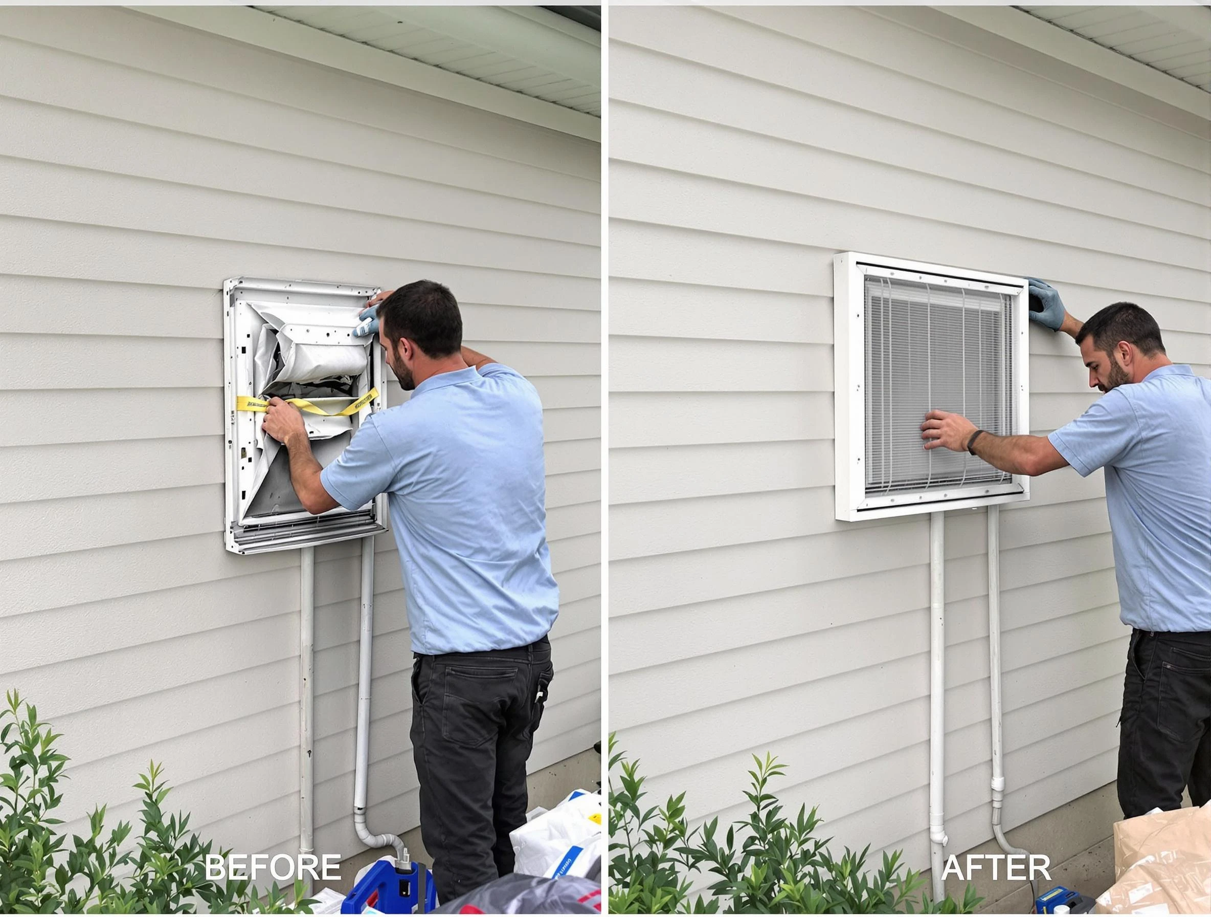 Layton Dryer Vent Cleaning technician installing high-quality dryer vent cover at a residential property in Layton